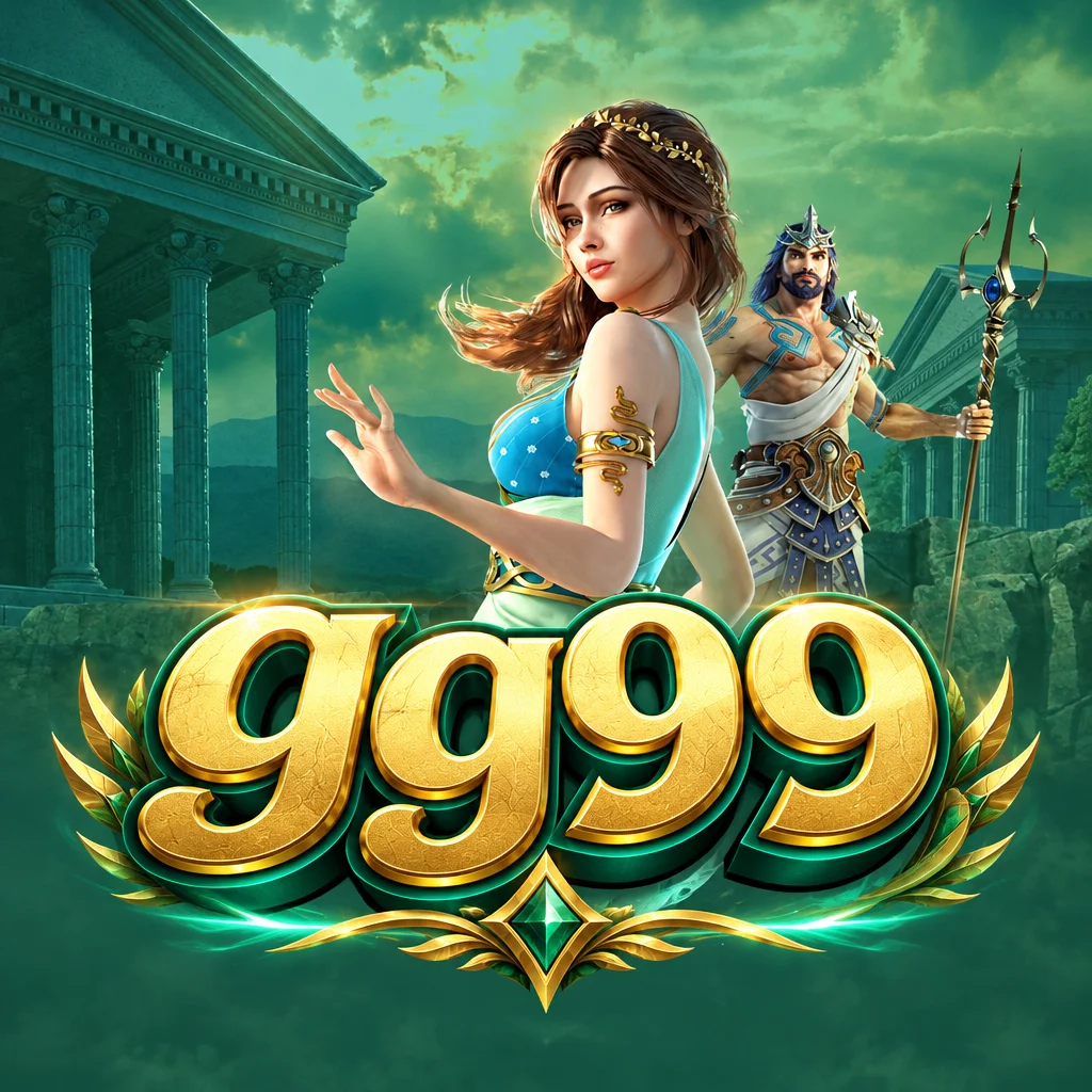 gg99 Medusa dengan ilustrasi karakter wanita Yunani kuno dan Poseidon di depan kuil pilar