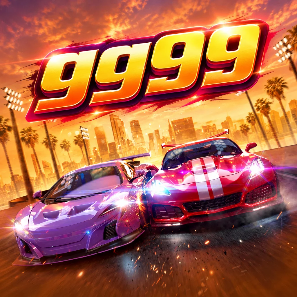 gg99 Speed Winner menampilkan aksi balap mobil sport ungu dan merah di lintasan kota saat senja